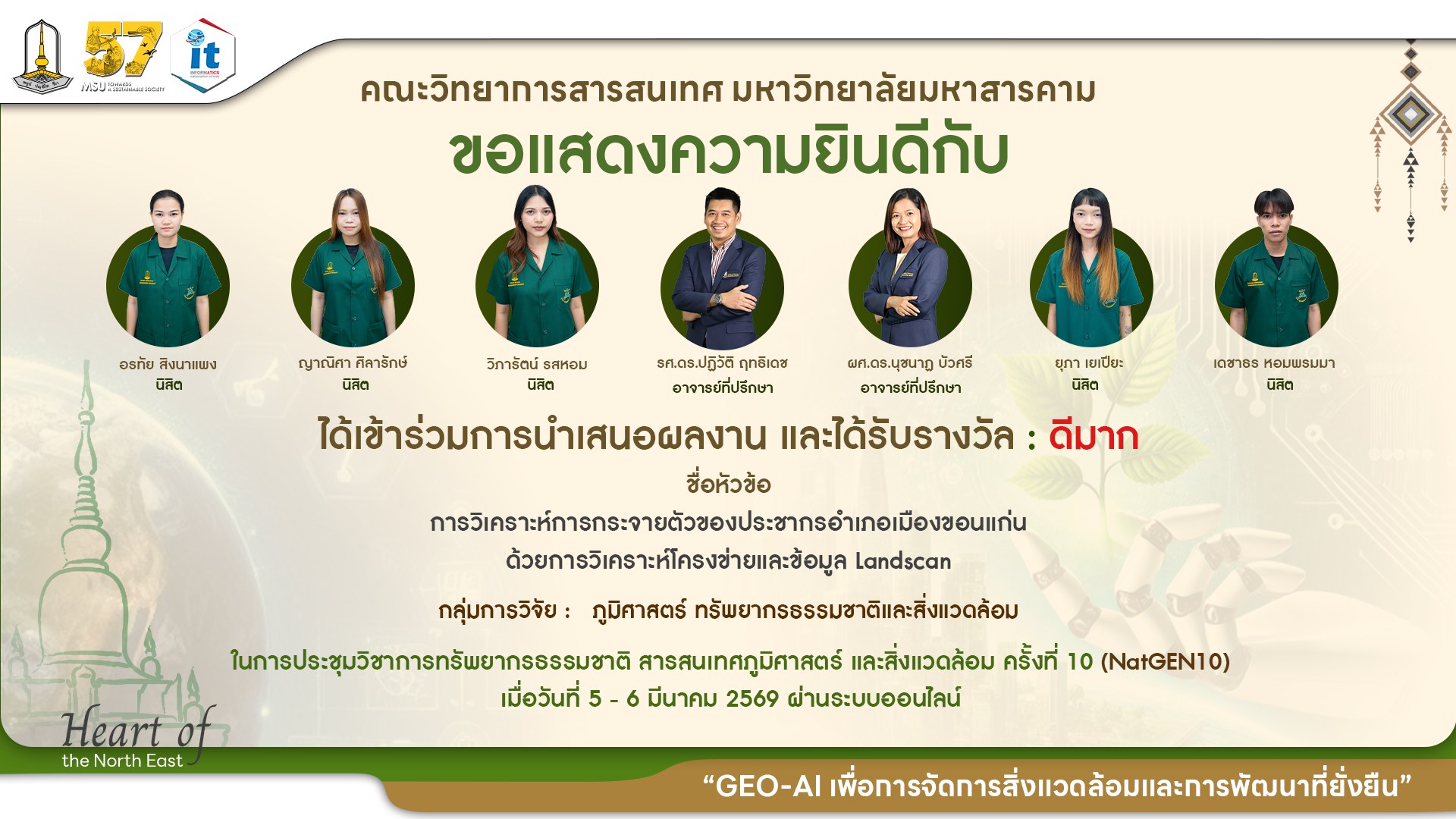 ขอแสดงความยินดีกับนิสิตภาควิชาภูมิสารสนเทศ ที่ได้รับ 8 รางวัล จากเวทีการนำเสนองานประชุมวิชาการทรัพยากรธรรมชาติ สารสนเทศภูมิศาสตร์ และสิ่งแวดล้อม ครั้งที่ 10 (NatGEN10)